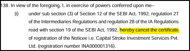 SEBI order text with the cancellation of Capital Stroke registration certificate highlighted