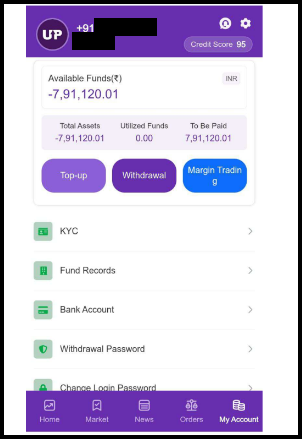 My Account page of a fake trading app with a negative balance of -7,91,120.01 and Top-up and Withdrawal buttons
