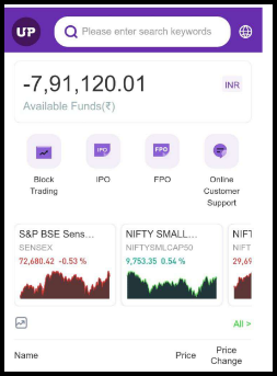 Fake Upstox-style trading app home screen showing available funds of -7,91,120.01 rupees