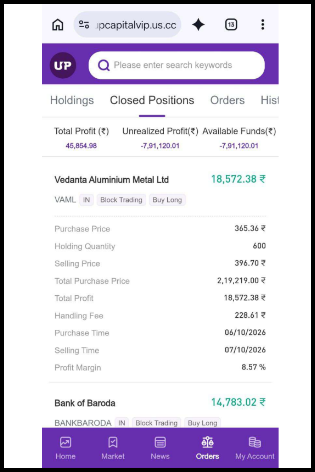 Closed Positions screen of a fake trading app showing a profit of 18,572.38 rupees on Vedanta Aluminium Metal Ltd