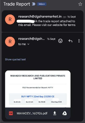 Email from research@dgsharemarket.in with a Mahadev Research NIFTY F&O recommendation report attached as a PDF