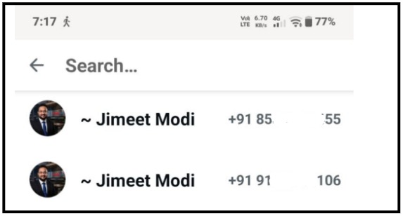 WhatsApp contact search results showing two entries named "Jimeet Modi" with the same profile photo of a man in a suit, listed under different phone numbers