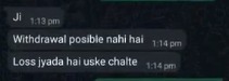 WhatsApp chat showing Girish Ji Trade Fund contact refusing Grow Capital App withdrawal request claiming heavy losses
