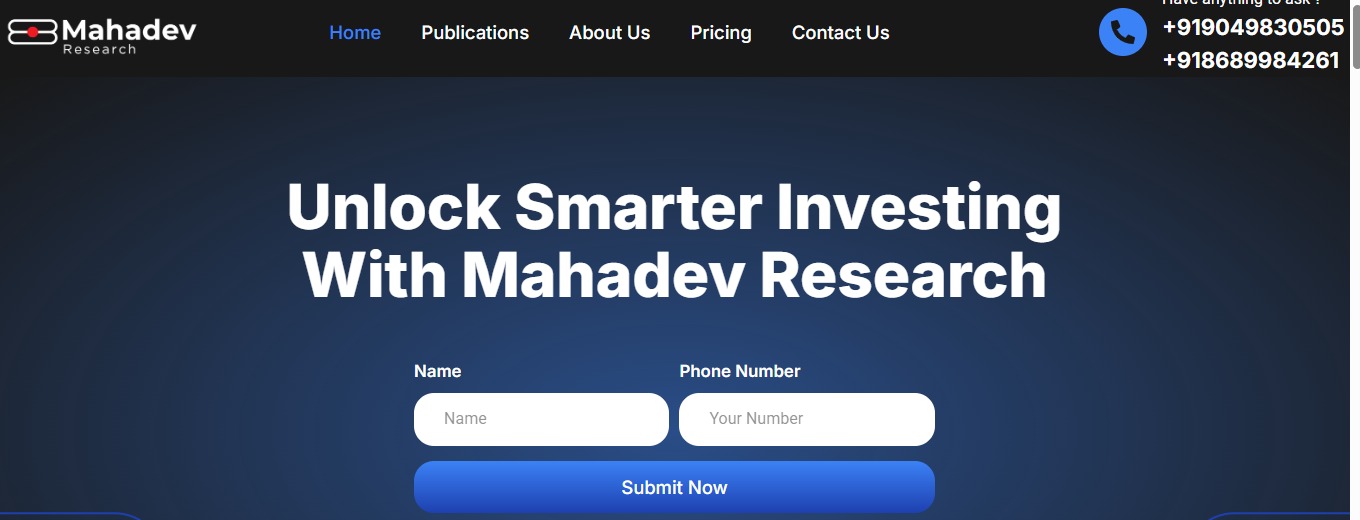 Mahadev Research website homepage banner with a name and phone number sign up form