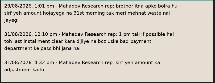Chat messages from a Mahadev Research representative dated 29 and 31 August 2026 asking for the last instalment before a payment department deadline
