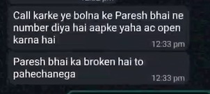 Two WhatsApp messages in Hinglish, both timestamped 12:33 pm. The first says: call and say that Paresh bhai gave you the number to open an account here. The second says: Paresh bhai's broker will know him.