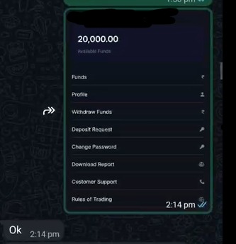 Dark-themed WhatsApp chat showing a sent screenshot of a trading app's account page, with a blurred name at the top and available funds of 20,000.00. The menu lists Funds, Profile, Withdraw Funds, Deposit Request, Change Password, Download Report, Customer Support and Rules of Trading. The screenshot is timestamped 2:14 pm, and a received reply below it says "Ok" at 2:14 pm. A share arrow sits to the left of the screenshot.