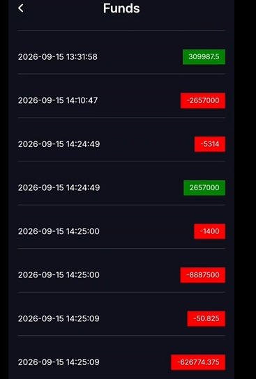 Grow Capital App funds ledger showing rapid entries on 15 September 2026, including debits of ₹26,57,000 and ₹88,87,500 within minutes of each other