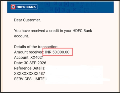 HDFC Bank refund credit SMS notification showing a credit of ₹50,000 received via SMART ODR settlement.