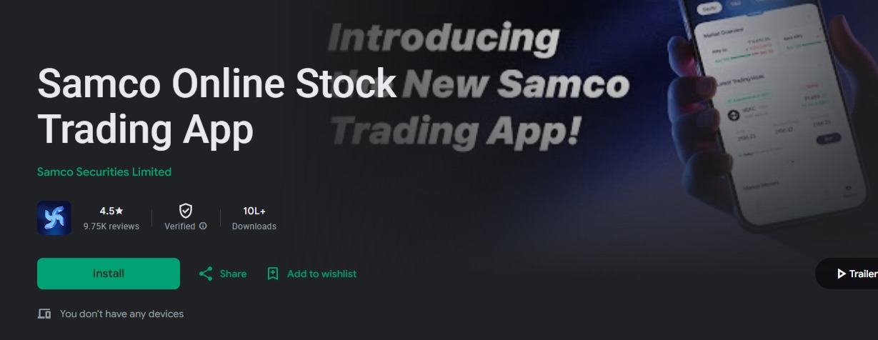 Official SAMCO app listing on Google Play, developer shown as Samco Securities Limited, for comparison with Sam Pro App