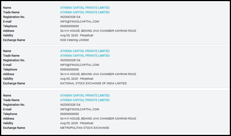 Registration records for Athena Capital Private Limited, number INZ000328134, valid from Aug 05, 2025 (perpetual). Three entries are listed, for NSE Clearing Limited, National Stock Exchange of India Limited and Metropolitan Stock Exchange.