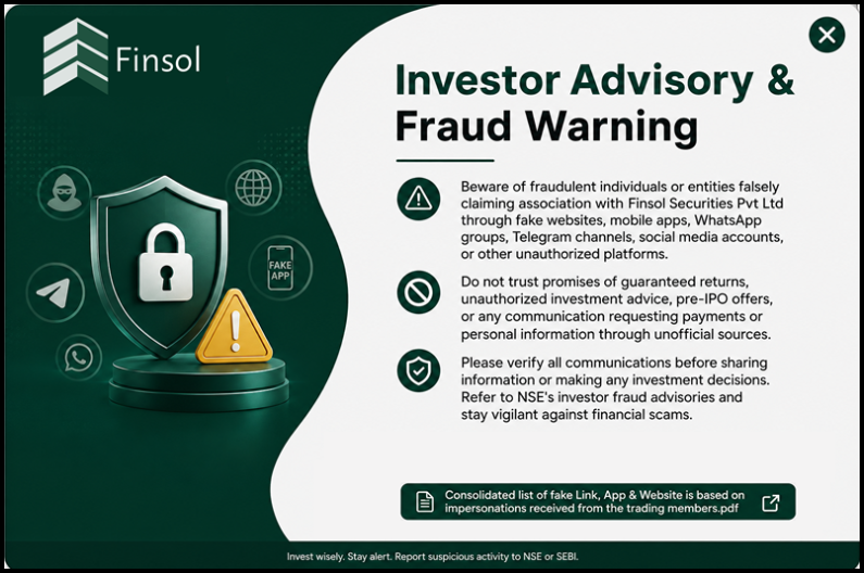 Green and white fraud warning banner from Finsol with a padlock shield, a Telegram icon, a WhatsApp icon and a "fake app" phone icon. It warns investors about fraudulent impersonators and guaranteed-return promises.