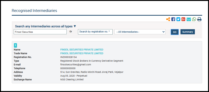 Recognised Intermediaries search page with "Finsol Securities" entered in the search box. The one result is Finsol Securities Private Limited, registration no. INZ000328134, a registered stock broker in the currency derivative segment.