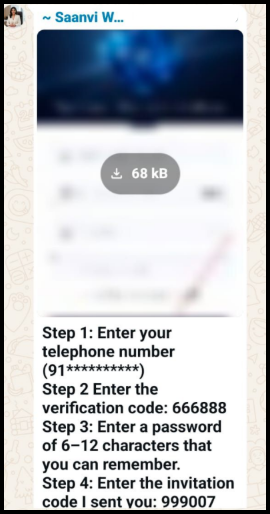 WhatsApp message with a blurred app screenshot, followed by instructions: Step 1 enter your phone number, Step 2 enter verification code 666888, Step 3 set a 6–12 character password, Step 4 enter the invitation code 999007.
