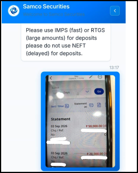 In-app Samco Securities chat telling the user to use IMPS or RTGS and not NEFT for deposits. Below it, the user has uploaded a photo of a bank statement showing 3 Sep 2026 debits of ₹50,000 and ₹20,000.