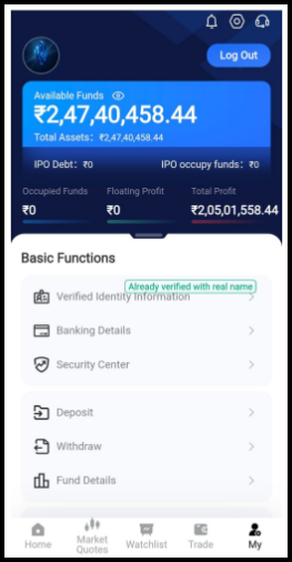 Mobile trading app account screen showing available funds of ₹2,47,40,458.44, total profit of ₹2,05,01,558.44 and zero IPO debt. Menu options include Verified Identity Information, Banking Details, Security Center, Deposit, Withdraw and Fund Details.