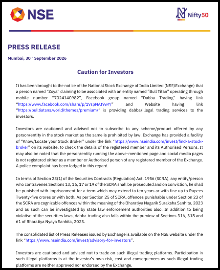 NSE (National Stock Exchange of India) press release dated Mumbai, 30 September 2026, titled "Caution for Investors". It warns that a person named "Zoya" claiming to be linked to "Bull Titan" is running dabba (illegal) trading through a mobile number, a Facebook group named "Dabba Trading" and a website. It advises investors not to subscribe to such schemes, points them to the exchange's "Know/Locate your Stock Broker" facility, and cites penalties under the Securities Contracts (Regulation) Act, 1956 and the Bharatiya Nyaya Sanhita, 2023.