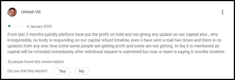 One-star Play Store review by Umesh VG dated 4 January 2025. He says profits have been on hold for two months, no one responds about the capital refund timeline, and the FAQ promises an immediate refund after a withdrawal request but the team now says six months. 32 people found the review helpful.