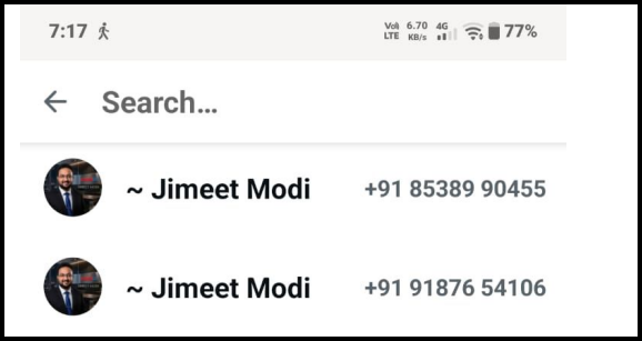WhatsApp contact search results showing two entries named "Jimeet Modi" with the same profile photo of a man in a suit, listed under different phone numbers