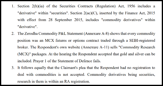 Order excerpt holding that commodity derivatives are securities and that research in them falls under RA registration.