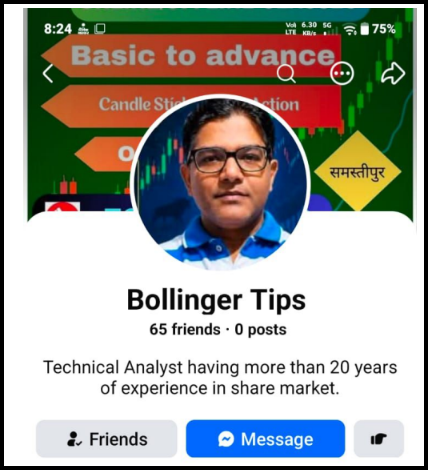 Facebook profile named "Bollinger Tips" with a profile photo of a bespectacled man in a blue-and-white striped polo. The page shows 65 friends and 0 posts and describes him as a technical analyst with more than 20 years of share market experience. The cover image advertises "Basic to advance" candlestick lessons.
