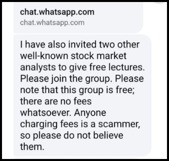 Chat message with a chat.whatsapp.com link followed by text saying two other well-known stock market analysts have been invited to give free lectures, that the group is free, and that anyone charging fees is a scammer.