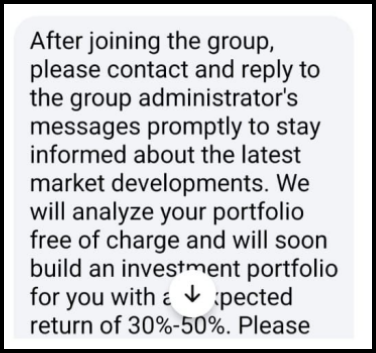 WhatsApp message promising a free portfolio analysis with an expected return of 30 to 50 percent