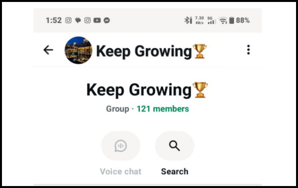 WhatsApp group info header for a group named "Keep Growing" with a trophy emoji, showing 121 members, a Voice chat button and a Search button.