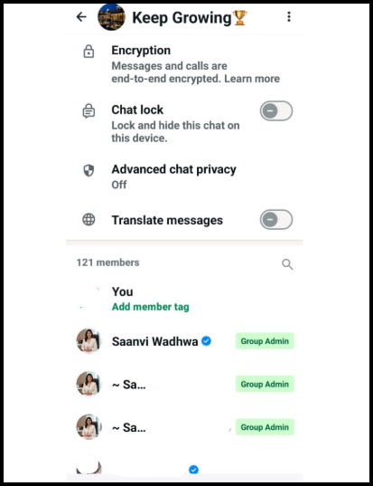 WhatsApp group settings and member list for "Keep Growing". The list shows 121 members