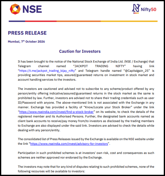 NSE press release dated 7 October 2026 cautioning investors about the Telegram channel JACKPOT TRADING NIFTY offering stock tips and assured returns