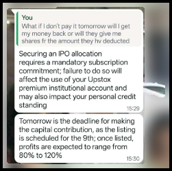 Chat where a scammer says IPO subscription is mandatory and promises 80% to 120% profit after listing
