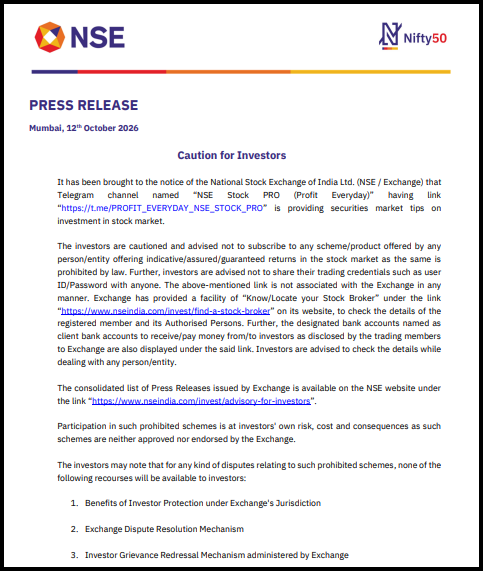 NSE press release dated 12 October 2026 titled Caution for Investors, warning against the Telegram channel NSE Stock PRO (Profit Everyday) that offers stock market tips and assured returns.