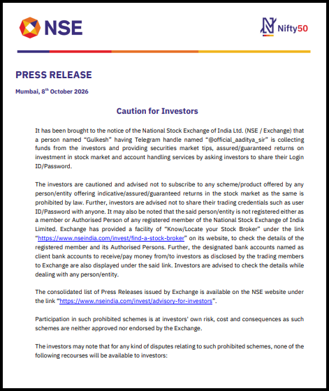 NSE press release dated 8 October 2026 cautioning investors about a person named Gulkesh on Telegram collecting funds and login credentials