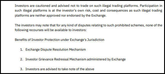 NSE press release excerpt advising investors not to trade on illegal platforms and listing investor protection benefits that will not be available