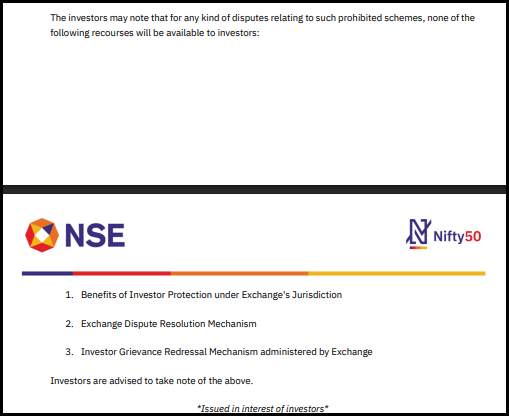 Second page of the NSE investor caution press release listing three recourses not available for prohibited schemes