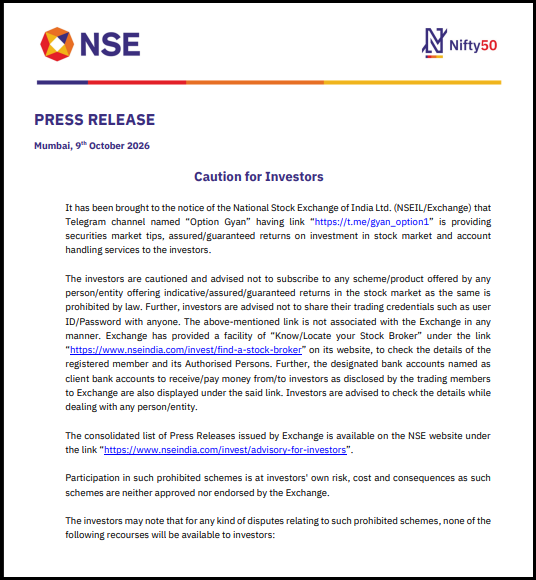 NSE press release dated 9 October 2026 cautioning investors about the Option Gyan Telegram channel offering assured stock market returns