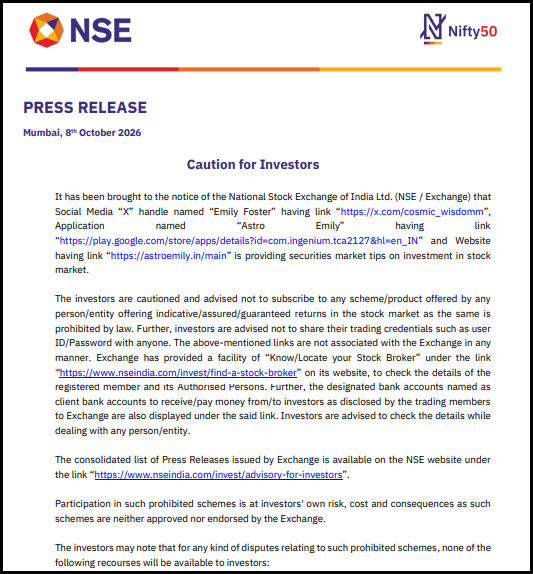 NSE press release dated 8 October 2026 titled “Caution for Investors”, warning against a social media handle, mobile app and website offering stock market tips and assured returns
