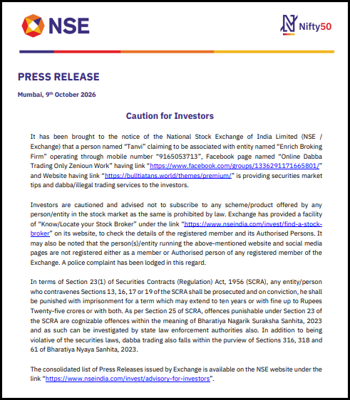 NSE press release dated 9 October 2026 titled Caution for Investors, warning against a Facebook page and website offering stock tips and illegal dabba trading services