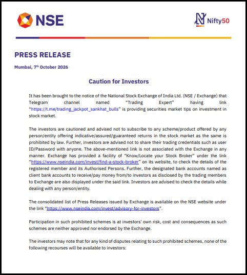 NSE press release dated 7 October 2026 titled “Caution for Investors”, warning against a Telegram channel offering stock market tips and guaranteed returns