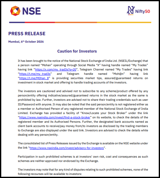 NSE press release dated 6 October 2026 cautioning investors against a person named Mohan who offers stock tips and assured returns on social media