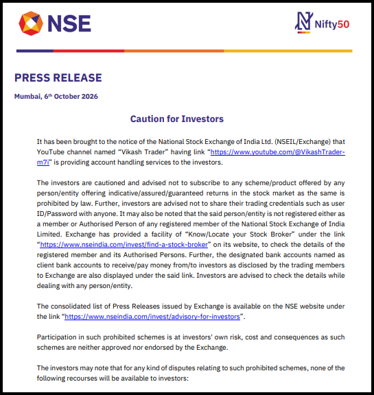 NSE press release dated 6 October 2026 cautioning investors about the YouTube channel Vikash Trader offering account handling services
