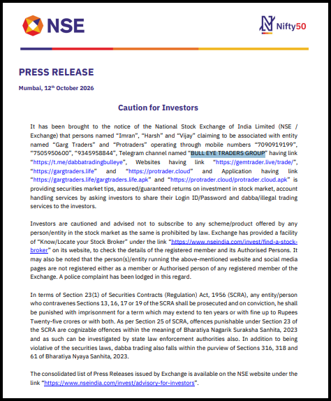 NSE press release dated 12 October 2026 cautioning investors against fake stock tip providers “Garg Traders” and “Protraders” who promise guaranteed returns