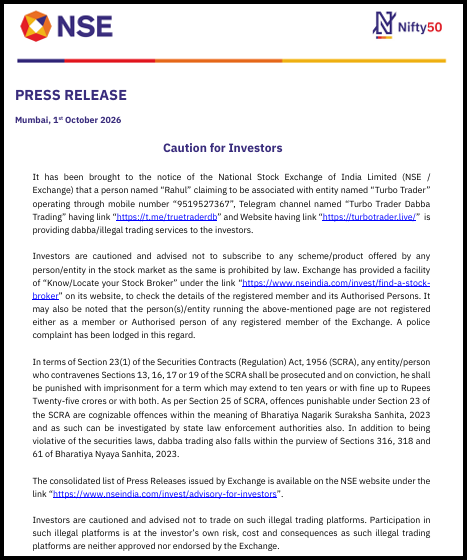 NSE press release dated 1 October 2026 titled "Caution for Investors", warning the public about an illegal dabba trading operation run under the name "Turbo Trader".