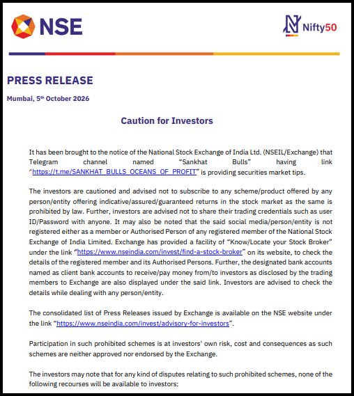 NSE warning banner highlighting the alert on Sankhat Bulls Telegram channel for unregistered stock tips