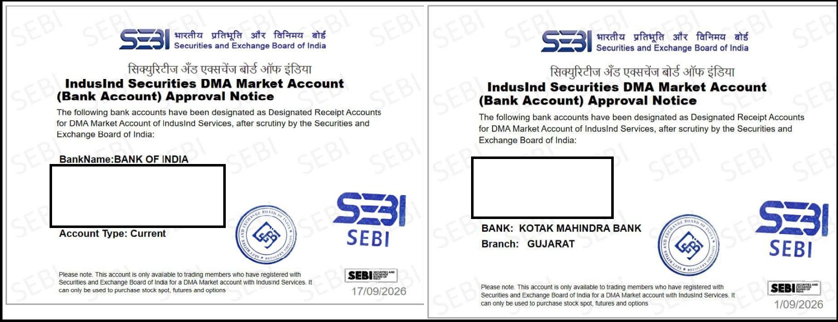 Fake SEBI approval notice naming bank accounts for the IndusInd Securities DMA Account impersonation scam