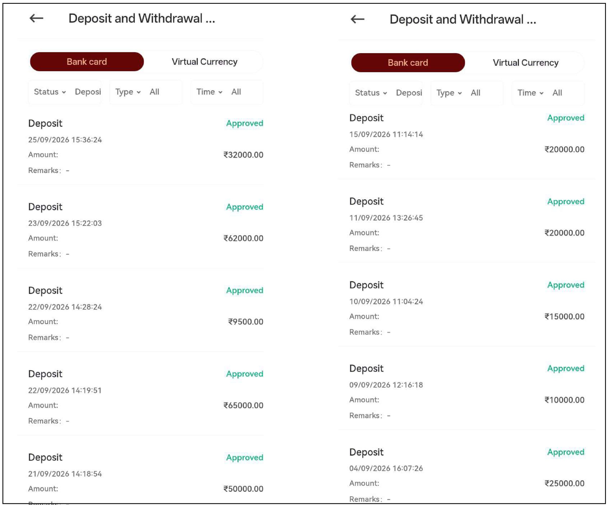 App deposit history screen showing approved transfers in the IndusInd Securities DMA Account impersonation scam