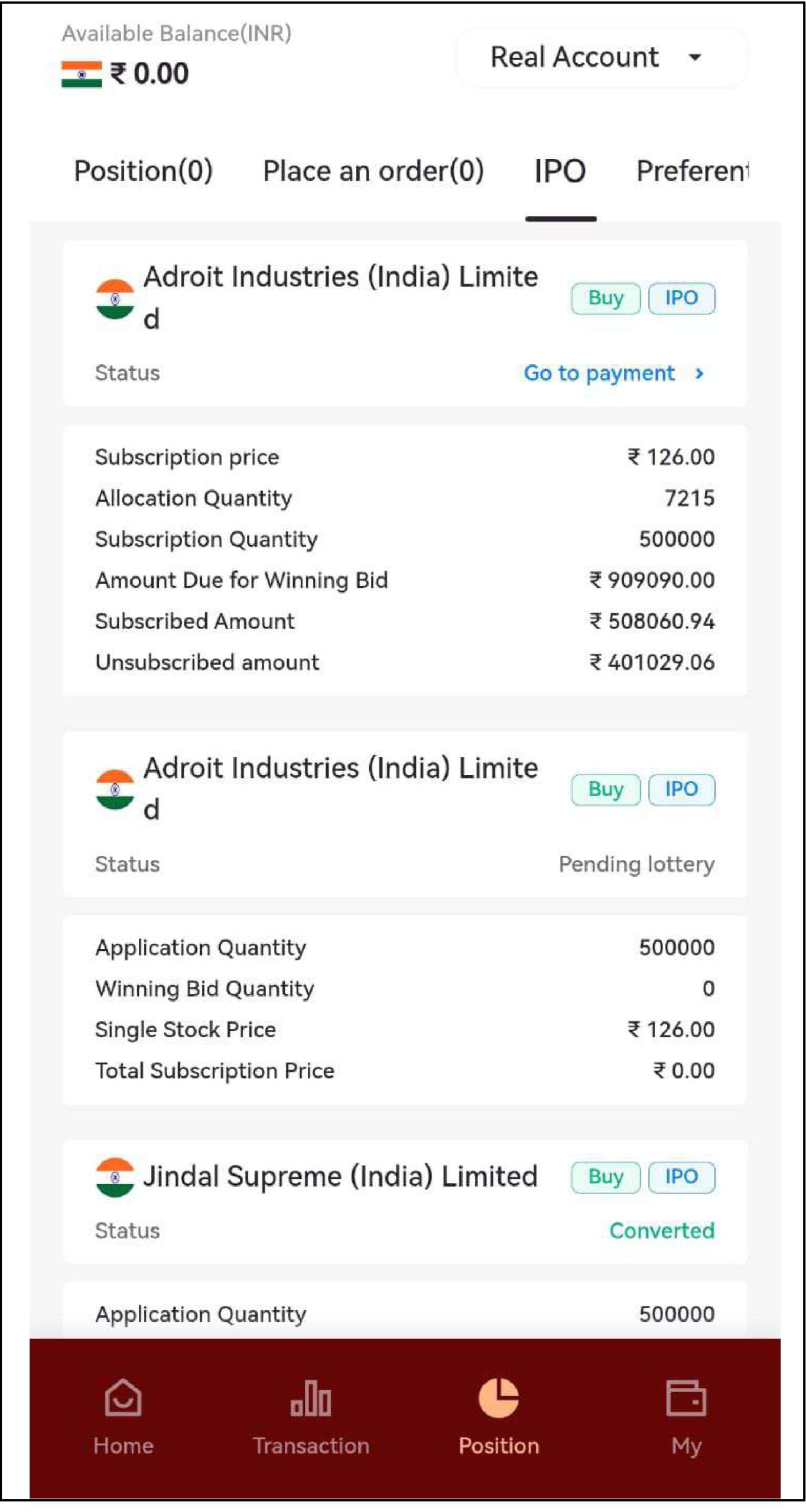 App screen showing fake IPO allotment and payment dues in the IndusInd Securities DMA Account impersonation scam