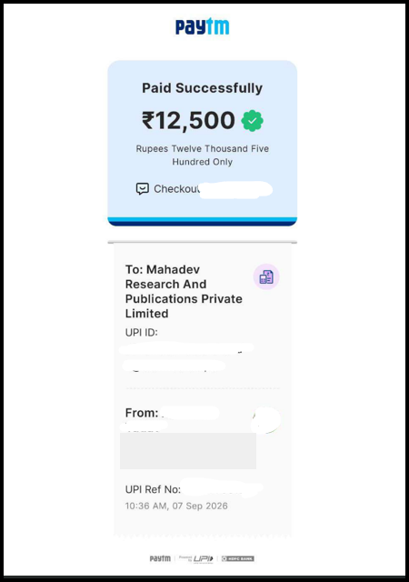 Paytm payment receipt for ₹12,500 paid to Mahadev Research and Publications Private Limited on 7 September 2026