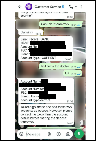 WhatsApp chat with a fake customer service agent sharing Federal Bank current account details, with sensitive details hidden