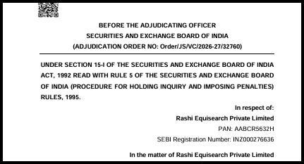 First page of the SEBI adjudication order against Rashi Equisearch Private Limited, registration number INZ000276636